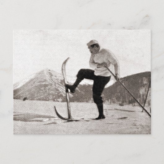 ヴィンテージスキーイメージ、木製スキー、ポ独身のール ポストカード (正面)