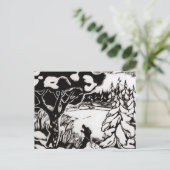 ヴィンテージスキーイメージ、雪景色ウッドカット ポストカード (スタンド正面)