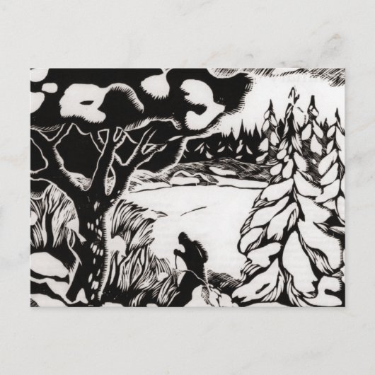 ヴィンテージスキーイメージ、雪景色ウッドカット ポストカード (正面)