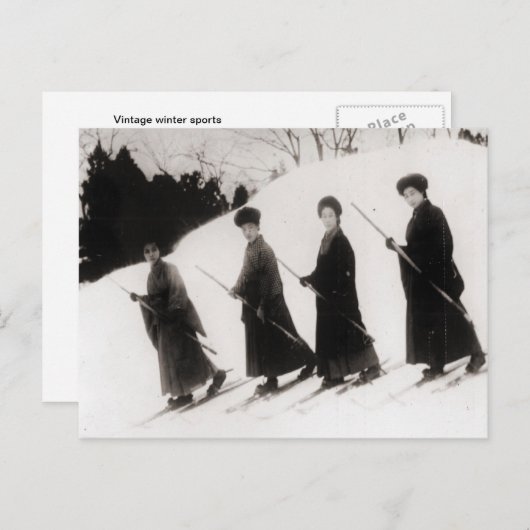 ヴィンテージスキーイメージ、4人のレディ日本のース ポストカード (正面/裏面)