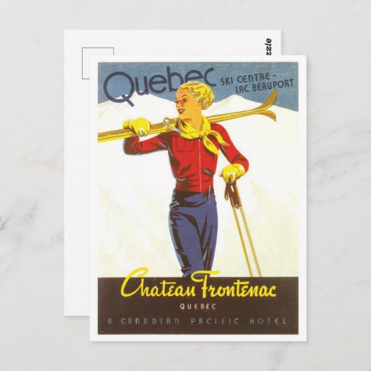 ヴィンテージスキーケベックカナダシャトーフロンテナック ポストカード (正面/裏面)