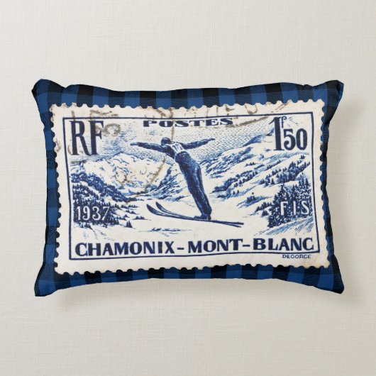 ヴィンテージスキーシャモニーモンブランポストスタンプ アクセントクッション (正面)