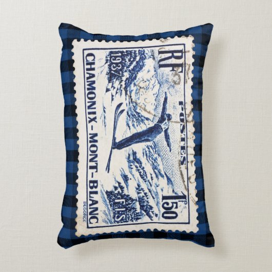 ヴィンテージスキーシャモニーモンブランポストスタンプ アクセントクッション (正面(垂直))