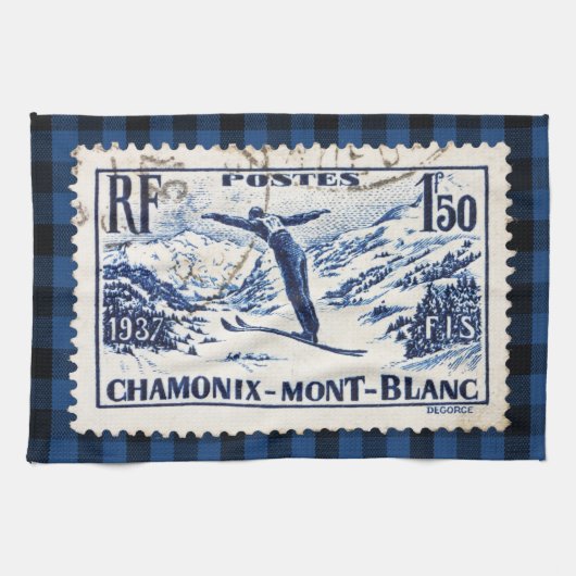 ヴィンテージスキーシャモニーモンブラン切手 キッチンタオル (横)