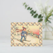 ヴィンテージスキーシーン、ゲレンデの女の子 ポストカード (スタンド正面)