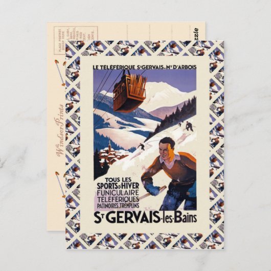 ヴィンテージスキーポスター、フランス、St Gervais les Bain ポストカード (正面/裏面)