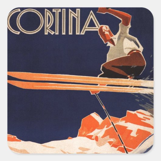ヴィンテージスキーポスター、Ski Cortina, Italy スクエアシール (正面)