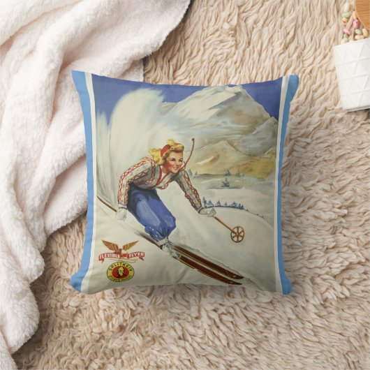 ヴィンテージスキー旅行芸術 クッション (ブランケット)