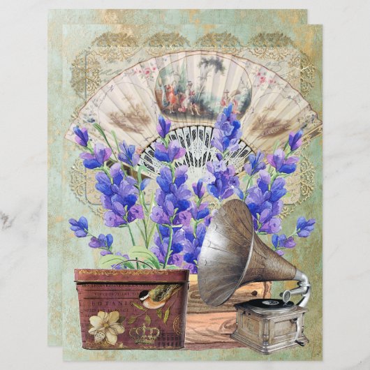 ヴィンテージスクラップブックラベンダーレースファン蓄音機 (正面/裏面)