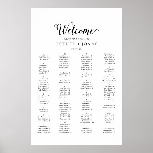 ヴィンテージスクリプトのアルファベット順の座席表 ポスター (正面)
