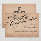 ヴィンテージスクリプトの鳩と十字架の最初の聖体拝領 招待状 (正面/裏面)