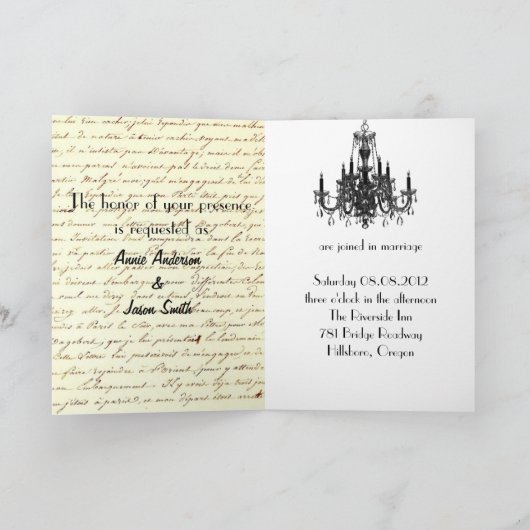 ヴィンテージスクリプトのParisシャンデリアウェディング 招待状 (内部)