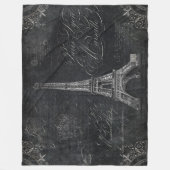 ヴィンテージスクリプトパリエッフェルタワーブラックチャルクボード フリースブランケット (正面)