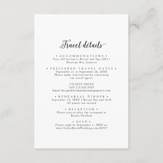 ヴィンテージスクリプト宛先ウェディングトラベル詳細 エンクロージャーカード (正面)