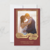 ヴィンテージスクリプト金ゴールドと赤結婚の写真 サンキューカード (正面)