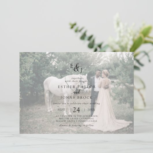 ヴィンテージスクリプト |フェード付き横書き結婚の写真 招待状 (スタンド正面)