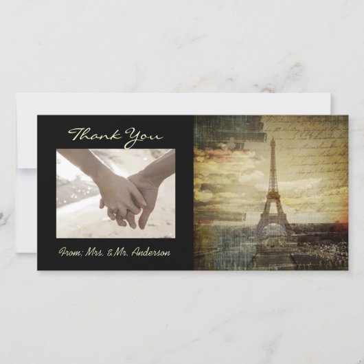 ヴィンテージスクリプトParisエッフェルタワー結婚ズ サンキューカード (正面)