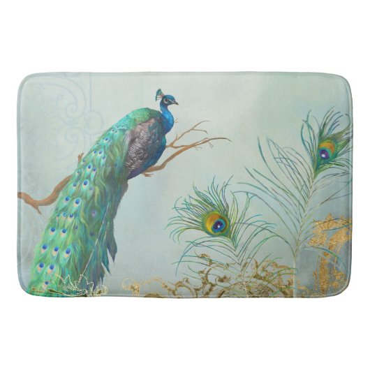 ヴィンテージスクロエレガントーピーコックフェザーツリーブランチ バスマット (正面)