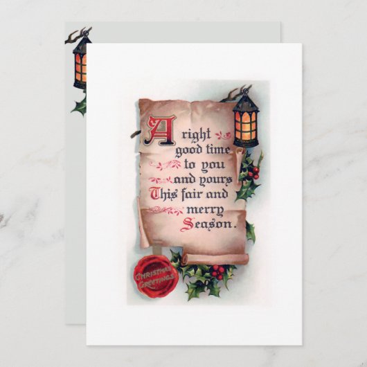 ヴィンテージスクロールとランタンとクリスマスグリーティング シーズンカード (正面/裏面)