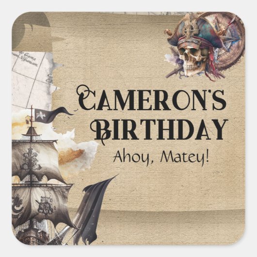 ヴィンテージスクロールトレジャーマップパイレーツパーティー スクエアシール (正面)