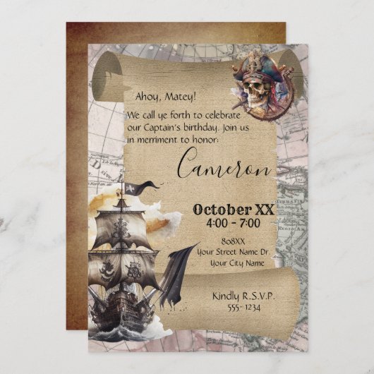 ヴィンテージスクロールトレジャーマップパイレーツパーティー 招待状 (正面/裏面)