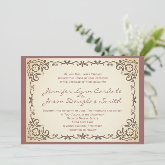 ヴィンテージスクロールフレームの藤色の結婚式招待状 招待状 (スタンド正面)