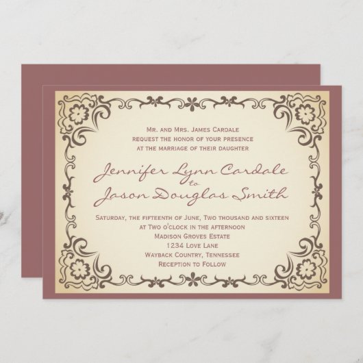ヴィンテージスクロールフレームの藤色の結婚式招待状 招待状 (正面/裏面)