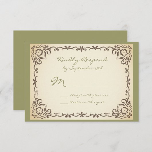 ヴィンテージスクロールフレームSage Weding RSVPカード (正面/裏面)