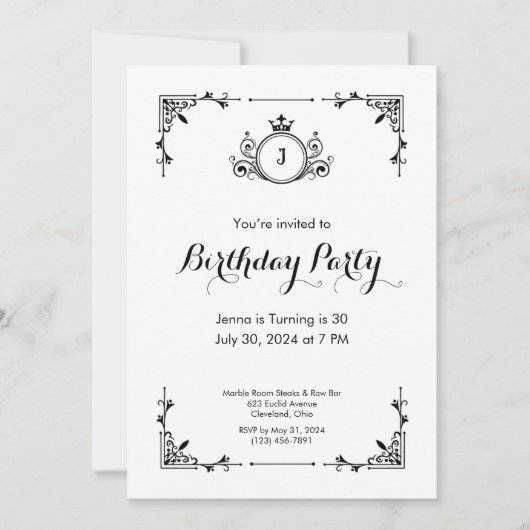 ヴィンテージスクロール白黒誕生日招待状 招待状 (正面)