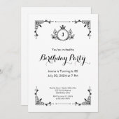 ヴィンテージスクロール白黒誕生日招待状 招待状 (正面/裏面)