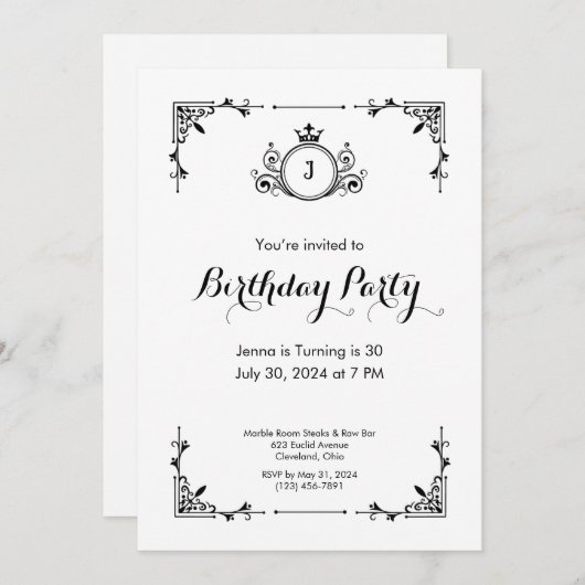 ヴィンテージスクロール白黒誕生日招待状 招待状 (正面/裏面)