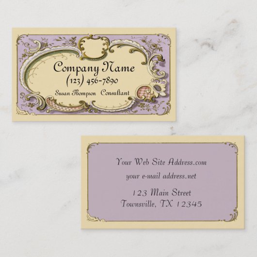 ヴィンテージスクロール花の切り出しのクリームのラベンダー 名刺 (正面/裏面)