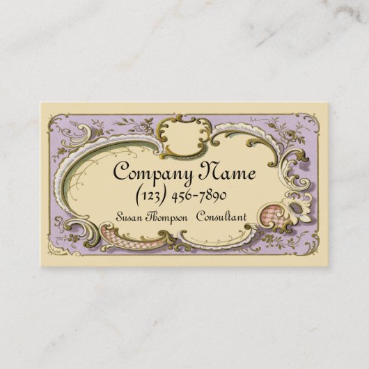 ヴィンテージスクロール花の切り出しのクリームのラベンダー 名刺 (正面)