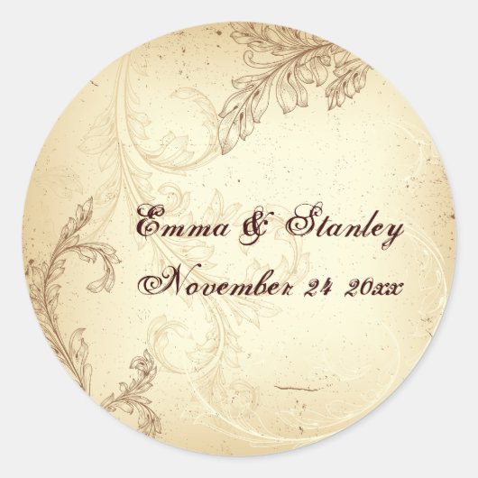 ヴィンテージスクロール葉茶色の結婚式日付を保存 ラウンドシール (正面)