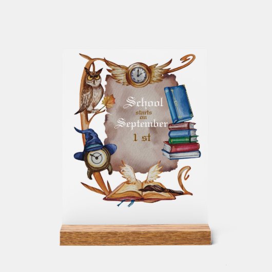 ヴィンテージスクールフクロウ水彩スタイル アクリルサイン (正面)