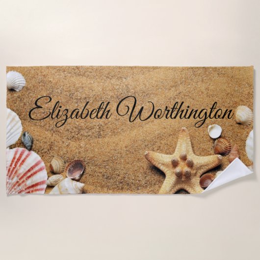 ヴィンテージスケッチのシーシェル・オン・サンド ビーチタオル (正面)