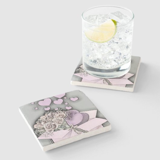 ヴィンテージスケッチのピンクのハートとバラのボックス ストーンコースター (横)