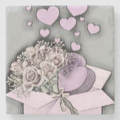 ヴィンテージスケッチのピンクのハートとバラのボックス ストーンコースター (正面)