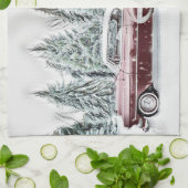 ヴィンテージスケッチの赤い車とクリスマスツリー キッチンタオル (折り畳み)