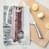 ヴィンテージスケッチの赤い車とクリスマスツリー キッチンタオル (四つ折り)