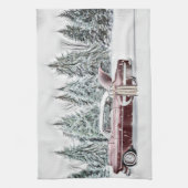 ヴィンテージスケッチの赤い車とクリスマスツリー キッチンタオル (縦)