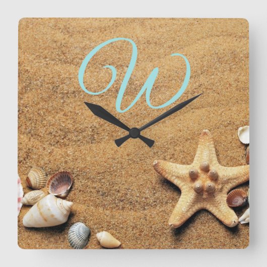 ヴィンテージスケッチオブシーシェルズオンサンド   スクエア壁時計 (正面)