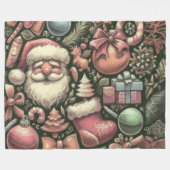 ヴィンテージスケッチクリスマスモティフグリーン フリースブランケット (正面(横))
