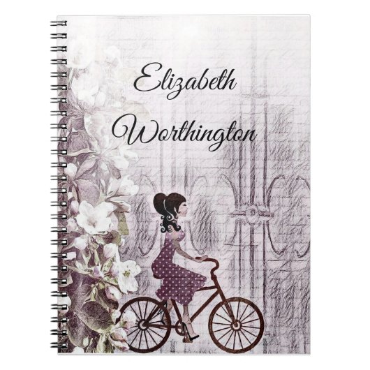 ヴィンテージスケッチ自転車に乗った婦人 ノートブック (正面)