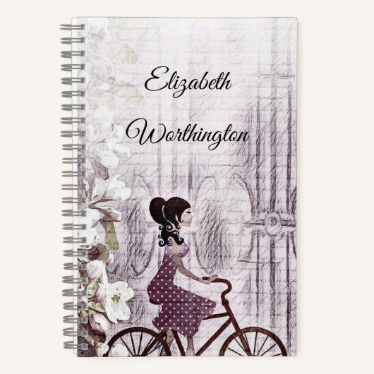 ヴィンテージスケッチ自転車に乗った婦人 ノートブック (正面)