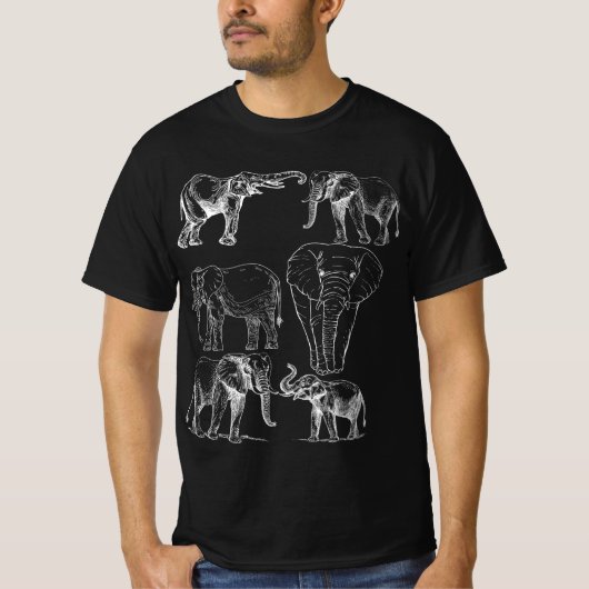 ヴィンテージスケッチ象 – 手書き野生動物 Tシャツ (正面)