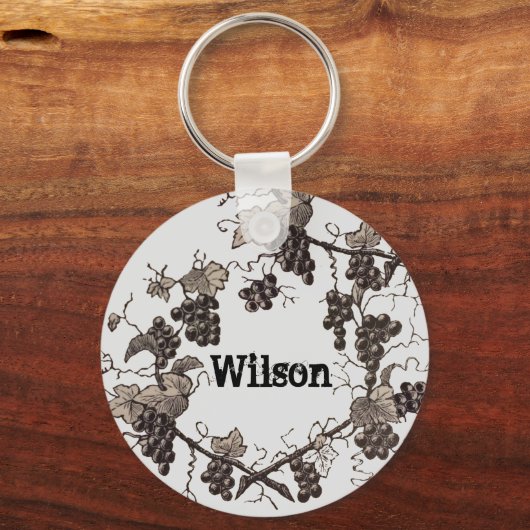 ヴィンテージスケッチ黒と白葉のブドウ キーホルダー (正面)
