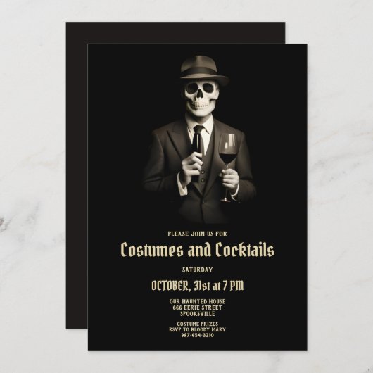 ヴィンテージスケルトンアダルトハロウィーン招待状 シーズンカード (正面/裏面)