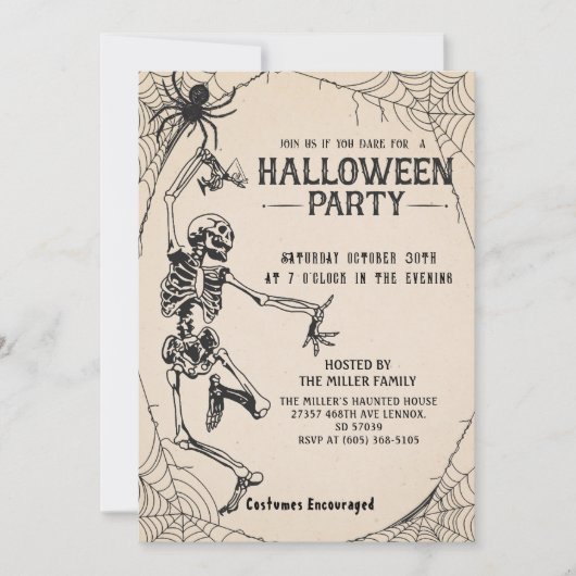 ヴィンテージスケルトンカクテルアダルトハローウィンパーティ 招待状 (正面)