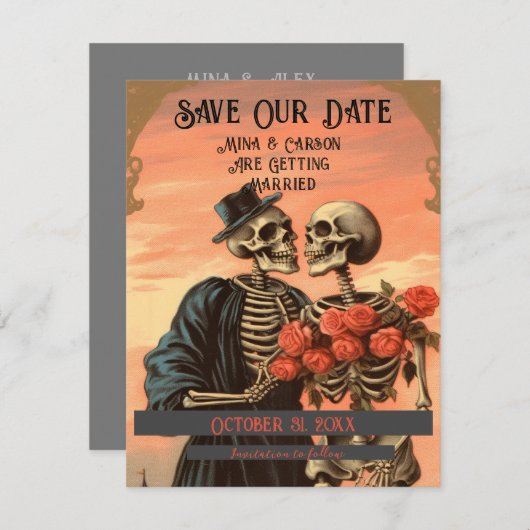 ヴィンテージスケルトンカップルゴシックハロウィンフォト セーブザデート (正面/裏面)